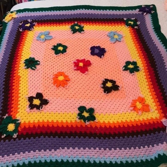 Rainbow 3D Flowers Crochet Throw Afghan Blanket - Picture 2 of 10